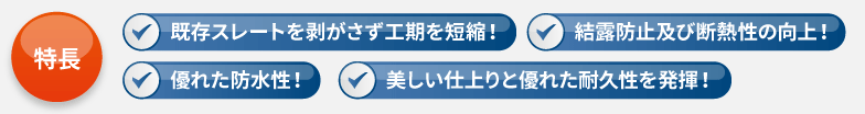 特長 ・既存スレートを剥がさず工期を短縮! ・結露防止及び断熱性の向上!・優れた防水性! ・美しい仕上りと優れた耐久性を発揮!